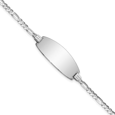 14K White Gold Polished Solid Chain/Solid Plate Figaro Link Oval 24x10.5mm Plate ID Bracelet