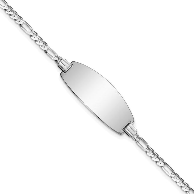 14k White Gold Polished Solid Chain/Solid Plate Figaro Link Oval 24x10. Plate ID Bracelet