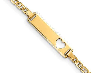 14k Polished Solid Chain/Solid Plate Anchor Link Cut-out Heart Plate ID Bracelet (Style LID9-7)