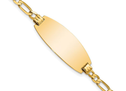 14k Polished Solid Chain/Solid Plate Figaro Link Oval 27x11. Plate ID Bracelet (Style LID90-7)