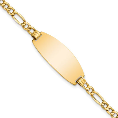 14K Polished Semi-Solid Chain/Solid Plate Figaro Link Oval 26.5x11.5mm Plate ID Bracelet