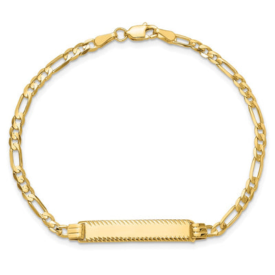 14K Polished Solid Chain/Solid Plate Figaro Link Diamond-cut 27x5.5mm Plate ID Bracelet