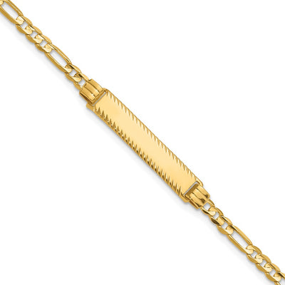 14K Polished Solid Chain/Solid Plate Figaro Link Diamond-cut 27x5.5mm Plate ID Bracelet