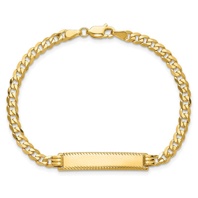 14K Polished Solid Chain/Solid Plate Flat Curb Link Diamond-cut 29x6.5mm Plate ID Bracelet
