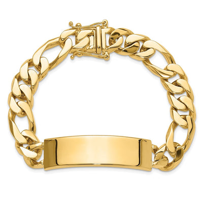 14K Hand-polished Solid Chain/Solid Plate Figaro Link Plate ID Bracelet, 8.5 x 14mm