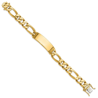14K Hand-polished Solid Chain/Solid Plate Figaro Link Plate ID Bracelet, 8.5 x 15.5mm