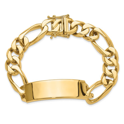 14K Hand-polished Solid Chain/Solid Plate Figaro Link Plate ID Bracelet, 8.5 x 15.5mm