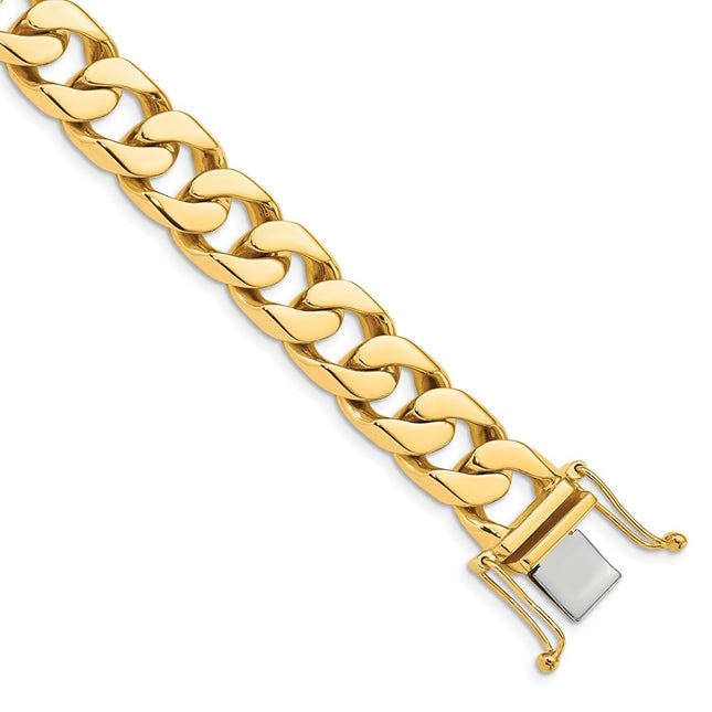 14K Hand Polished Flat Beveled Curb Link with Box Catch Clasp Bracelet, 1 x 12mm