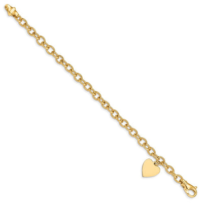 14K Engravable Solid Dangle Heart Charm and Solid Polished Link Bracelet, 7.5 x 13mm