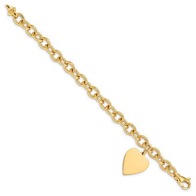 14K Engravable Solid Dangle Heart Charm and Solid Polished Link Bracelet, 7.5 x 31mm