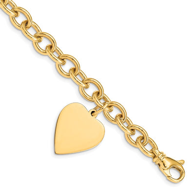 14K Engravable Solid Dangle Heart Charm and Solid Polished Link Bracelet, 7.5 x 31mm