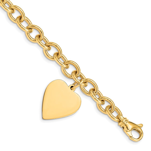 14k Engravable Solid Dangle Heart Charm and Solid Polished Link 7. Bracelet, 7.5 x 31mm
