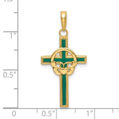 14K Green Enameled Claddagh Cross Pendant