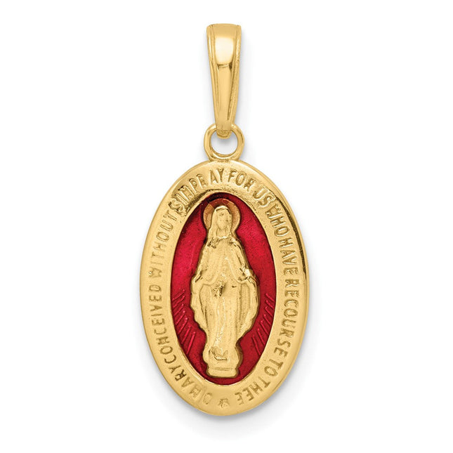 14k Red Enameled Miraculous Medal Pendant, 28.23 x 14.22mm