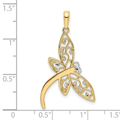 14K and White Rhodium Diamond-cut Filigree Dragonfly Pendant