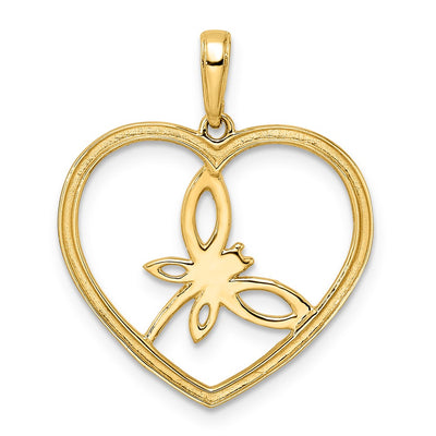 14K and White Rhodium Diamond-cut Dragonfly in Heart Pendant