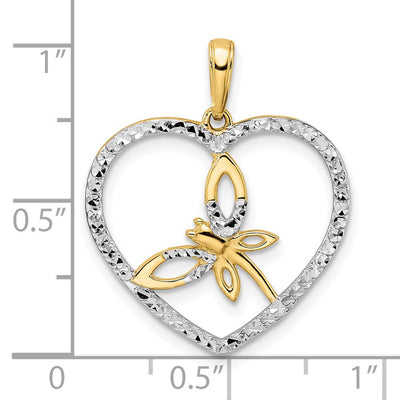 14K and White Rhodium Diamond-cut Dragonfly in Heart Pendant