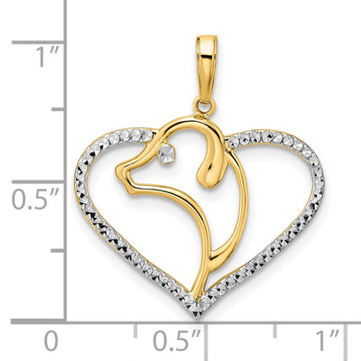 14K and White Rhodium Diamond-cut Dog Head in Heart Pendant