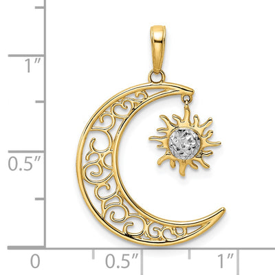 14K and White Rhodium Diamond-cut Moon and Dangle Sun Pendant