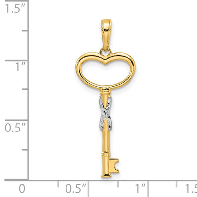 14K and White Rhodium Diamiond-cut Heart Key Pendant