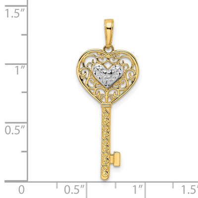14K and White Rhodium Diamond-cut Heart Filigree Key Pendant
