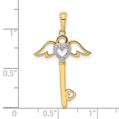 14K and White Rhodium D/C Heart/ Angel Wings Key Pendant