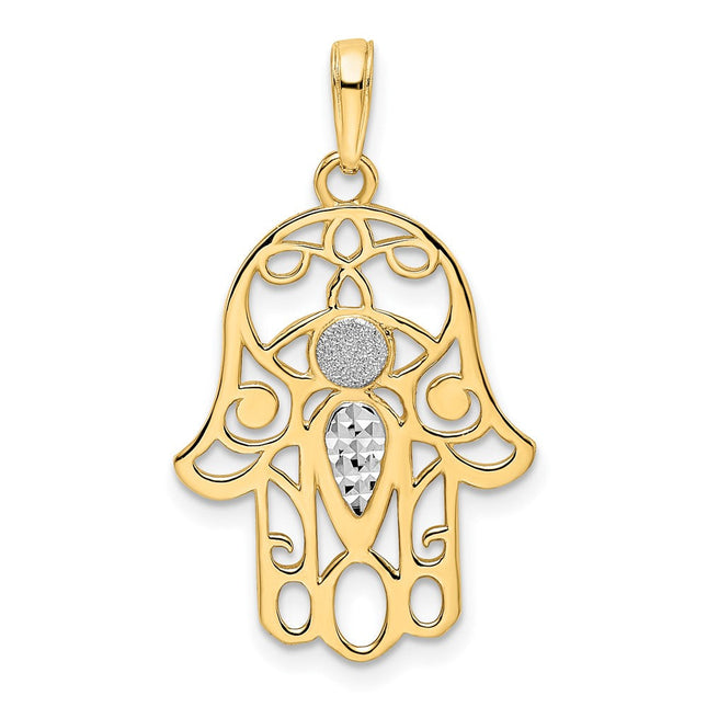 14k & White Rhodium D/C Evil Eye Hamsa Pendant, 30.87 x 17.94mm