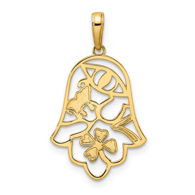 14K & White Rhodium D/C Good Luck Symbols on Hamsa Pendant