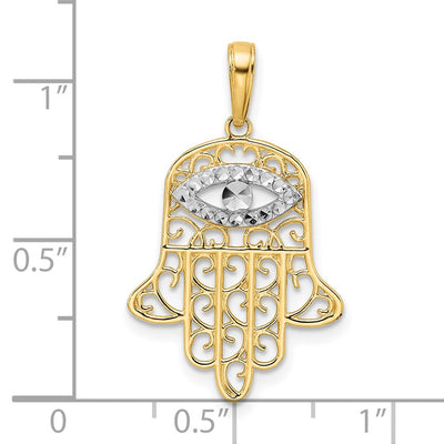 14K & White Rhodium D/C Filigree Evil Eye Hamsa Pendant
