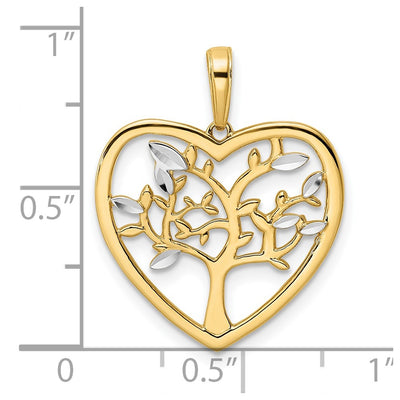 14K and White Rhodium Diamond-cut Tree of Life Heart Pendant