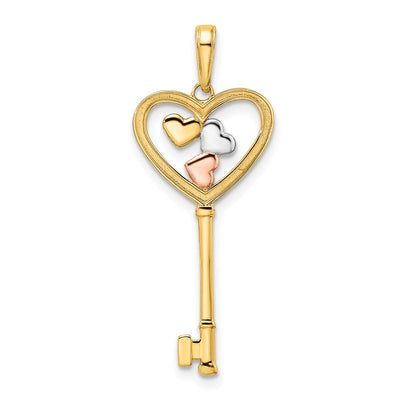 14K w/White and Rose Rhodium Diamond-cut Hearts Key Pendant