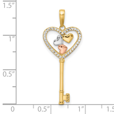 14K w/White and Rose Rhodium Diamond-cut Hearts Key Pendant