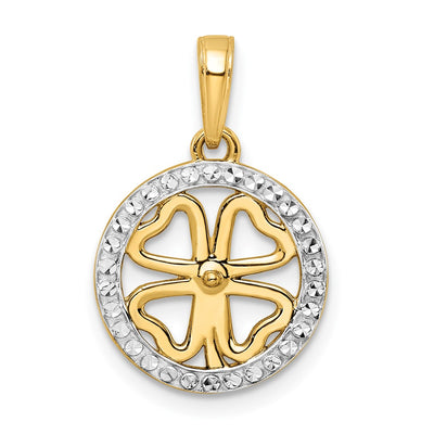 14K w/White Rhodium Diamond-cut Four-leaf Clover Pendant