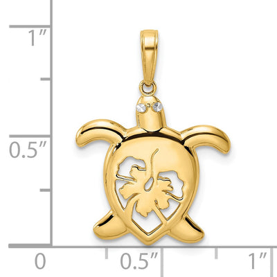 14K and White Rhodium Diamond-cut Floral Turtle Pendant