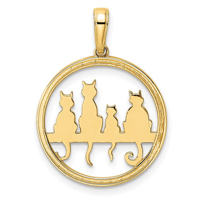 14K and White Rhodium Diamond-cut Cats Sitting on Bench Pendant