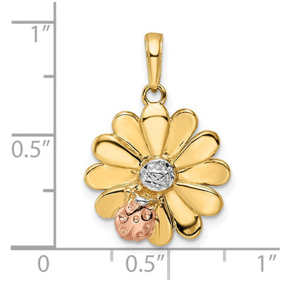 14K w/White and Rose Rhodium Diamond-cut Ladybug on Flower Pendant