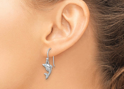 Sterling Silver Rhodium-plated Polished Dolphin Dangle Earrings (Style PLE-244)
