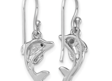 Sterling Silver Rhodium-plated Polished Dolphin Dangle Earrings (Style PLE-244)