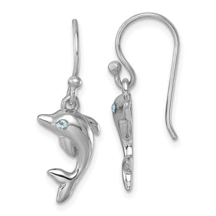 Sterling Silver Rhodium-plated Polished Dolphin Dangle Earrings (Style PLE-244)