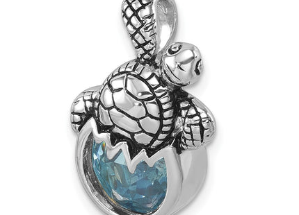 Sterling Silver Rhodium-Plated Antiqued Crystal Hatching Turtle Pendant (Style PLP-527)