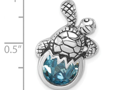 Sterling Silver Rhodium-Plated Antiqued Crystal Hatching Turtle Pendant (Style PLP-527)