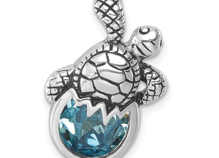 Sterling Silver Rhodium-Plated Antiqued Crystal Hatching Turtle Pendant (Style PLP-527)
