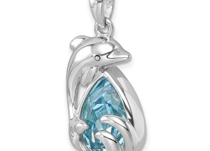 Sterling Silver Rhodium-plated Polished Crystal Dolphin Pendant (Style PLP-763)