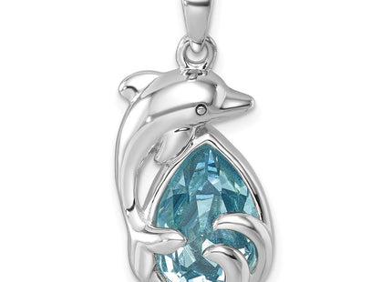 Sterling Silver Rhodium-plated Polished Crystal Dolphin Pendant (Style PLP-763)