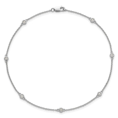 14K White Gold Complete 1/8 carat Bezel-set Diamond and Cable Chain 7-Station Anklet