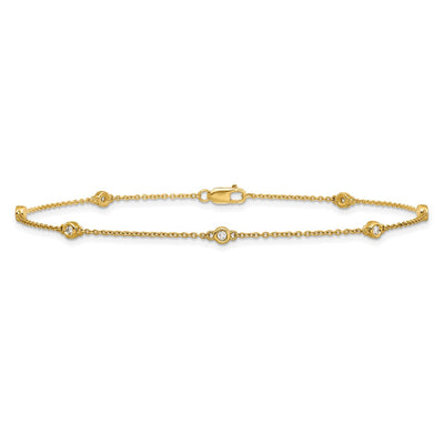 14K Complete 1/8 carat Bezel-set Diamond and Cable Chain 7-Station Anklet