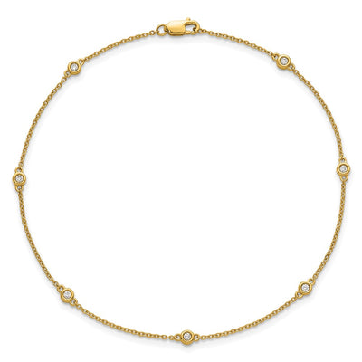 14K Complete 1/8 carat Bezel-set Diamond and Cable Chain 7-Station Anklet