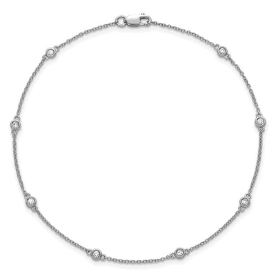 14K White Gold Complete 1/8 carat Bezel-set Diamond and Cable Chain 8-Station Anklet