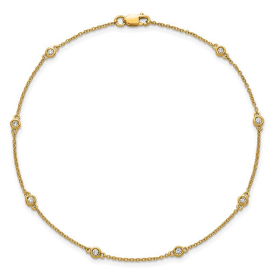 14K Complete 1/8 carat Bezel-set Diamond and Cable Chain 8-Station Anklet