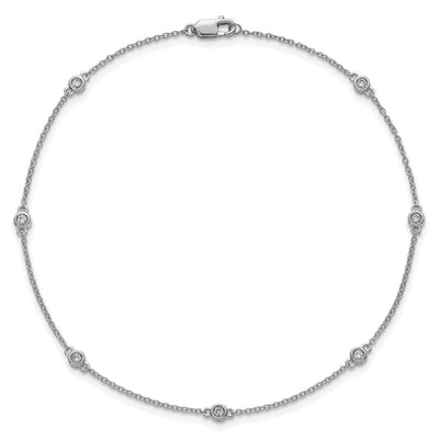 14K White Gold Complete 1/6 carat Bezel-set Diamond and Cable Chain 7-Station Anklet